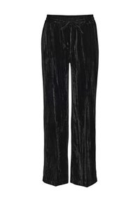 Black velvet trousers with a wide-leg design and textured surface. Features an elastic waistband and drawstring for adjustable fit.