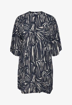 Gombos, rövid ujjú blúz tengerészkék és krémszínekben, absztrakt mintával, függőleges vonalakkal. Könnyű anyag, laza szabású.