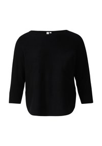 Zwarte trui met een brede halslijn, driekwartmouwen en een ontspannen pasvorm. Glad textuur met ribbeldetails bij de manchetten en de zoom.