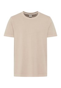 Lysbeige kortærmet T-shirt lavet af blød bomuld. Har en klassisk rund hals og et enkelt design med minimal syning.