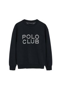 Marineblå tröja med rund halsning, långa ärmar och ribbad nederkant. "POLO CLUB" är tydligt tryckt i kontrasterande ljusgrå text.