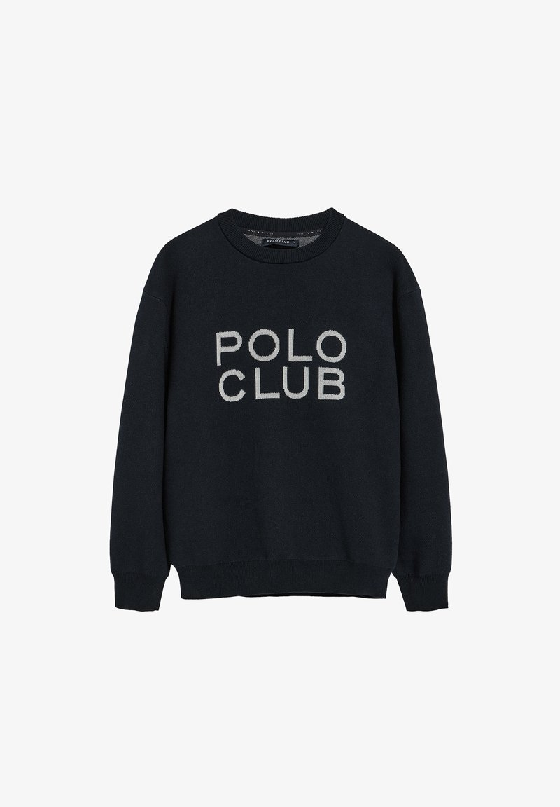 Marineblå tröja med rund halsning, långa ärmar och ribbad nederkant. "POLO CLUB" är tydligt tryckt i kontrasterande ljusgrå text.