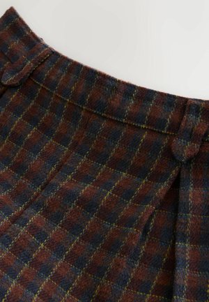 Wollrock mit einem braun-blauen Karo-Muster und gelben Akzenten, mit Falten-Design und strukturierter Oberfläche.