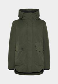 Olijfgroene geïsoleerde parka met een capuchon, een voorrits, twee grote voorkruisen en geribde manchetten. De stof is glad en waterafstotend.