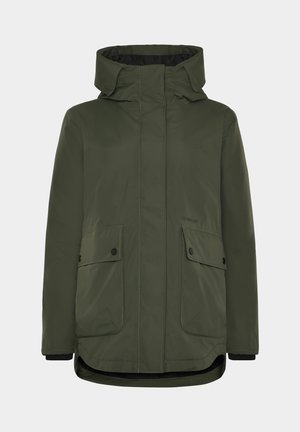 Olive green insulated parka jacket with a hood, front zip, two large front pockets, and ribbed cuffs. The fabric is smooth and water-resistant.
