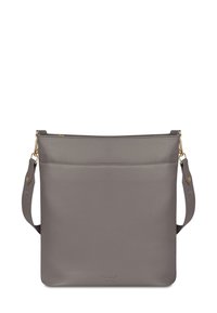 Šedá kožená kabelka přes rameno se zipovým uzávěrem, hladkým povrchem, přední kapsou, nastavitelným popruhem a akcenty ve zlaté barvě.