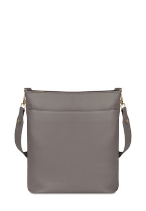 Graue Leder Schultertasche mit Reißverschluss, glatter Textur, Vordertasche, verstellbarem Riemen und Akzenten aus goldfarbenem Metall.