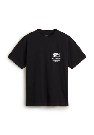 Czarna bawełniana koszulka z krótkim rękawem. Z przodu znajduje się białe logo "VANS" oraz tekst "OFF THE WALL" w prostokątnym wzorze.