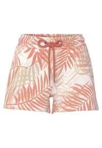 Korte broek van lichte stof met een beige achtergrond en patronen van roze en perzik palmbladeren, een elastische taille en een trekkoordsluiting.