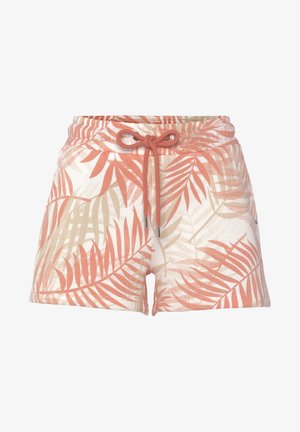 Pantaloni corti realizzati in tessuto leggero, caratterizzati da uno sfondo beige con motivi di foglie di palma rosa e pesca, con vita elastica e chiusura con coulisse.