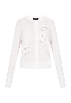 Hvid, knaplukket cardigan med lange ærmer, dekoreret med tre omridsede blomsterpatroner udsmykket med små sølvglitrende palietter.