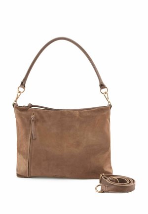 Borsa a tracolla in suede marrone con design sottile, dotata di una singola tracolla e una tasca esterna con zip. Include una tracolla rimovibile.