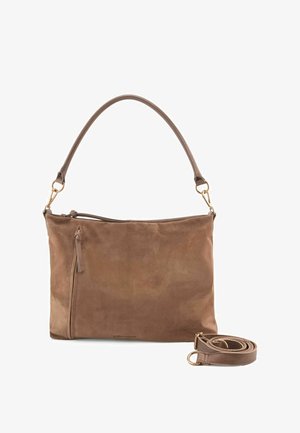Brown suede handbag with a slim design, featuring a single shoulder strap and an external zippered pocket. Includes a detachable strap.