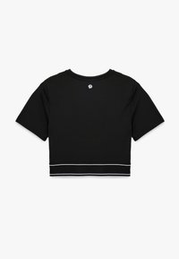 Musta lyhythihainen crop-top, jossa on pyöreä kaula-aukko. Alareunassa valkoinen yksityiskohta. Valmistettu venykästä, sileästä kankaasta.