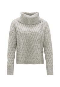 Pull-over à col roulé en maille torsadée gris clair avec manches longues et poignets et ourlet côtelés.