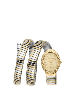 Snoet armbåndsur med ovalt urskive i guldfarve og fleksibelt stribet metalbånd i vekslende guldfarver og sølvfarver.