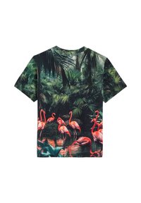 T-shirt med kort ärm som har ett livligt tropiskt motiv med flamingos, frodig grön vegetation och en mörk bakgrund. Tillverkad av bomull.