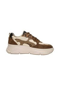 Braune und cremefarbene Sneakers mit einer Kombination aus Wildleder und Mesh, strukturierten Akzenten, einer stabilen Sohle und einem Leopardenmuster im oberen Bereich.