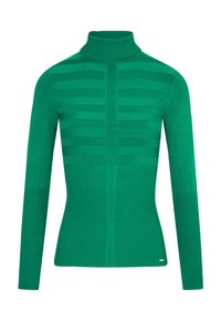 Suéter de punto verde con cuello alto tipo tortuga, textura de rayas suave en el cuerpo, puños y dobladillo acanalados, y un detalle decorativo en la parte inferior.