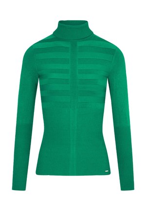 Grüner Strickpullover mit hohem Rollkragen, glattem gestreiften Stoff am Körper, gerippten Bündchen und Saum sowie einem Akzentdetail am unteren Rand.