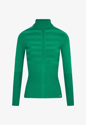 Groene gebreide trui met een hoge col, een gladde gestreepte textuur op het lichaam, geribbelde manchetten en zoom, met een accentdetail aan de onderkant.