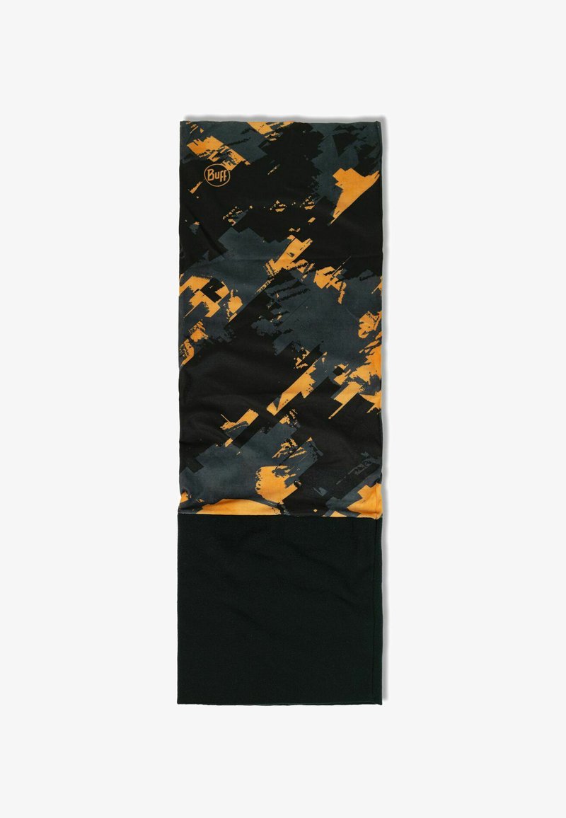 Buff Halswärmer mit einem schwarz-orangen abstrakten Muster, strukturiertem Stoff und einem unteren Abschnitt in einheitlichem Schwarz. Weich und dehnbar.