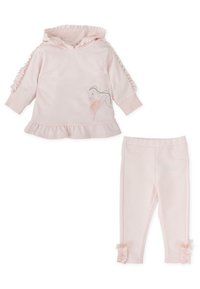 Sudadera rosa claro con mangas con volantes, dobladillo de volante y estampado de bailarina. Leggings a juego con acentos vuelvo en los tobillos. Tejido suave.
