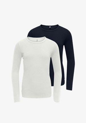 To langærmede ribstrikkede skjorter, en hvid foran og en sort bagved, begge med runde halsudskæringer og enkelt design.
