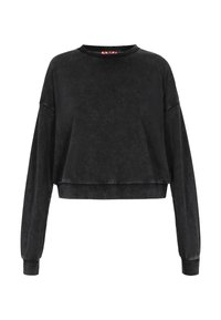 Felpa nera cropped con maniche lunghe, collo rotondo e tessuto strutturato. Presenta una vestibilità rilassata e polsini e orlo a costine.
