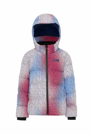 Doudoune à capuche avec motif quadrillé noir sur un dégradé rose, blanc et bleu, fermeture éclair devant et logo Colmar sur la poitrine.