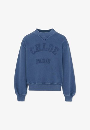 Sweat-shirt bleu avec col ras du cou, poignets et ourlet côtelés, avec "CHLOÉ PARIS" brodé à l'avant dans une texture contrastante.