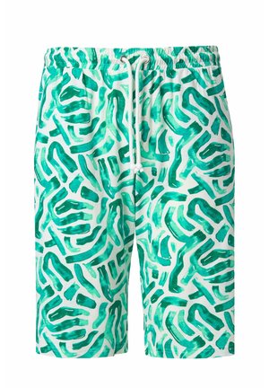 Pantaloncini bianchi con vita elastica e stringa bianca, caratterizzati da un motivo astratto a pennellate verdi su tutta la superficie.