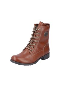 Braune Leder Stiefeletten mit glatter Oberfläche, flacher Sohle und metallischen Ösen. Sie verfügen über kontrastierende Schnürsenkel und gestickte Details.