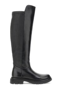 Bota de cuero negra hasta la rodilla con punta redonda, suela gruesa y costuras mínimas, diseñada para la durabilidad y el estilo.