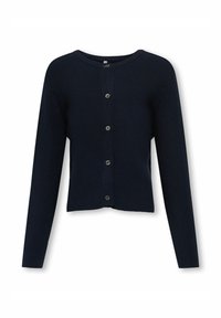 Mornarsko modra rebrasta jopica z okroglim izrezom, dolgimi rokavi in šestimi sivimi gumbi spredaj. Mehka tekstura, skrajšan kroj.