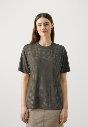 Dark gray short-sleeve t-shirt featuring a textured pattern of small holes, with a round neckline and relaxed fit.