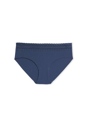 Marineblaue Baumwollslip mit einer gewellten Spitzen-Bundverzierung. Glatte Textur, voll bedeckendes Design mit nahtlosen Kanten für mehr Komfort.