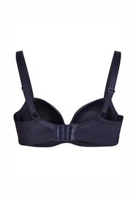 Navblå polstret bh med struktureret stof, justerbare stropper og en krog-og-øje lukning bagpå. Simpelt design og sømløse skåle.