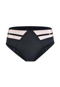 Czarne, wysokie majtki z teksturowanym wzorem. Posiadają beżowe siateczkowe wstawki i czarne paski. Złote okucia po bokach.
