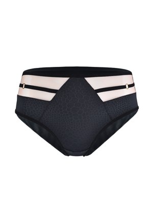 Czarne figi o wysokim stanie z teksturowanym wzorem, z kremowymi akcentami i czarnymi ramiączkami. Złote detale na boku. Gładki materiał.