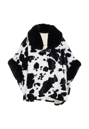 Fekete-fehér műszőrme poncsó tehénmintával, nagy fekete gallérral és mandzsettákkal, valamint gombos zárással.