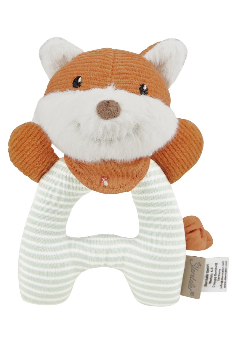Fox-shaped soft toy featuring orange corduroy and white plush accents. Striped green and white body. Includes a tag for product information.