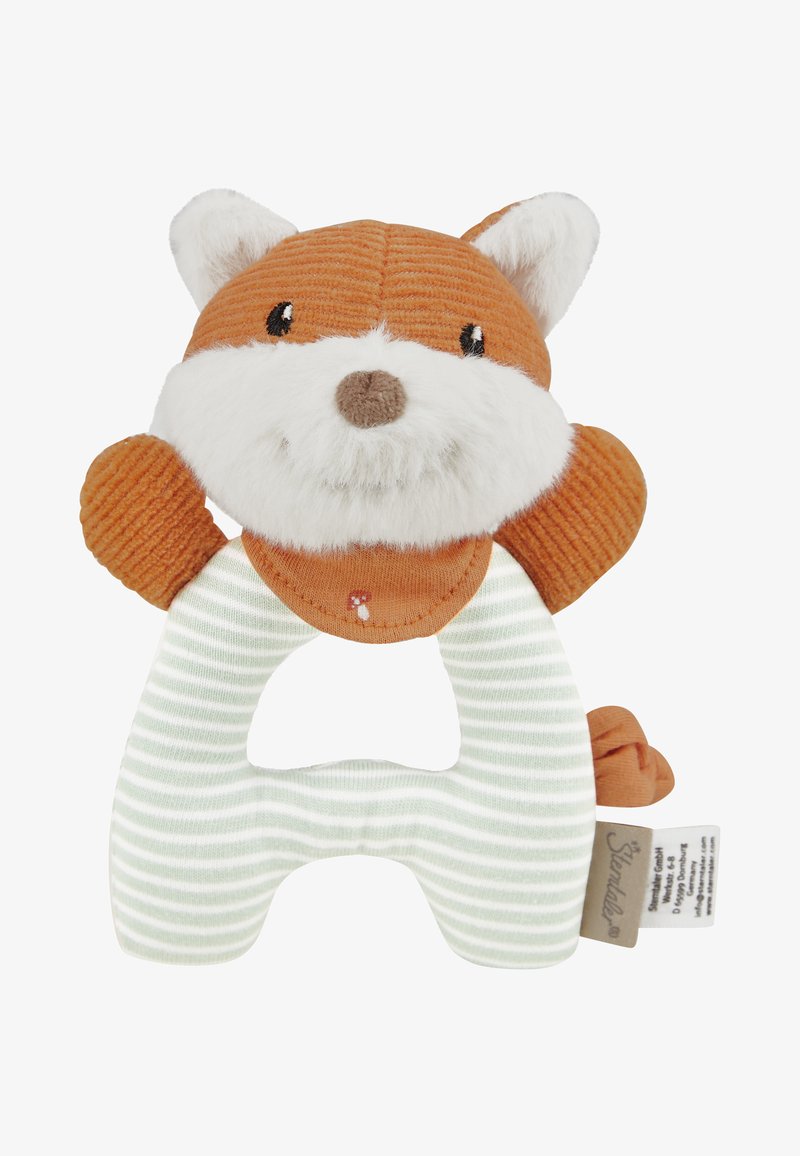 Fox-shaped soft toy featuring orange corduroy and white plush accents. Striped green and white body. Includes a tag for product information.