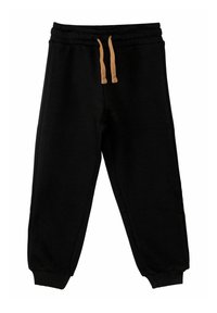 Schwarze Jogginghose aus weichem Stoff, mit einem schmal zulaufenden Bein-Design, elastischem Bund und zwei beigen Kordeln zur Anpassung.