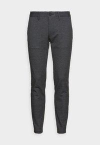 Pantaloni slim fit da uomo con motivo a quadri fine grigio scuro e nero, con bottone frontale e passanti per cintura, presentati su sfondo bianco.