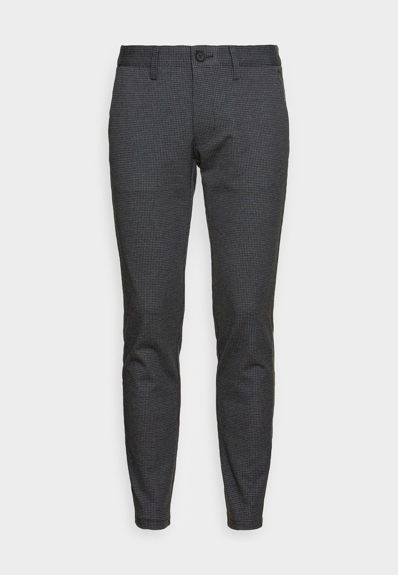 Pantaloni slim fit da uomo con motivo a quadri fine grigio scuro e nero, con bottone frontale e passanti per cintura, presentati su sfondo bianco.