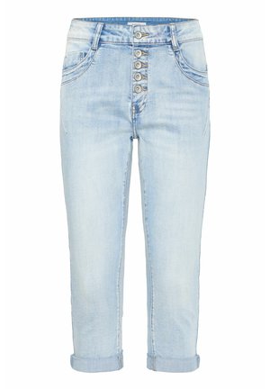 Light blue denim cropped jeans with a button fly, five pockets, rolled cuffs, and slight fading for a casual look.