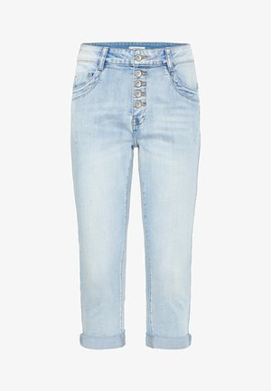 Light blue denim cropped jeans with a button fly, five pockets, rolled cuffs, and slight fading for a casual look.
