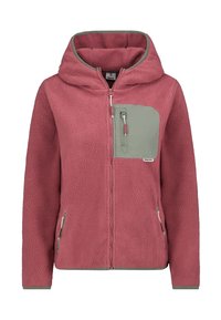 Lyserød fleece hættetrøje med frontlynlås, grå lynlåset brystlomme og to sidelommer med lynlås.