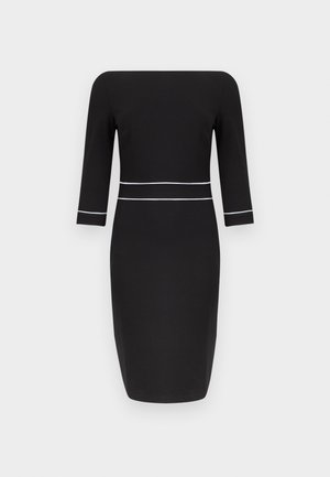 Robe midi noire avec manches trois-quarts, encolure bateau et détail de passepoil blanc à la taille et aux poignets des manches.